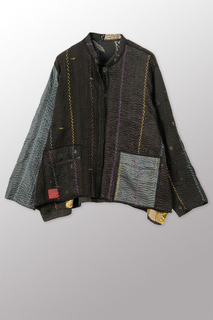 JEWEL WOVEN WITH VERTICAL PATCH KANTHA KAFTAN JACKET SHORT - jv4088-blk -