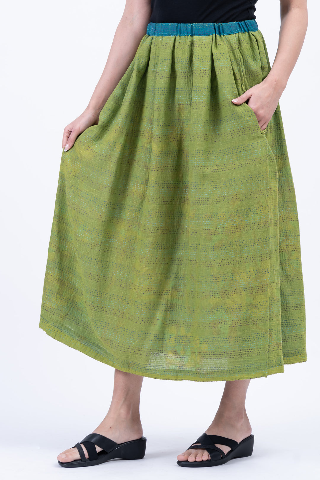 BLOOMING FLOWERS KANTHA TUCKED GATHER SKIRT - bf2663-blu -