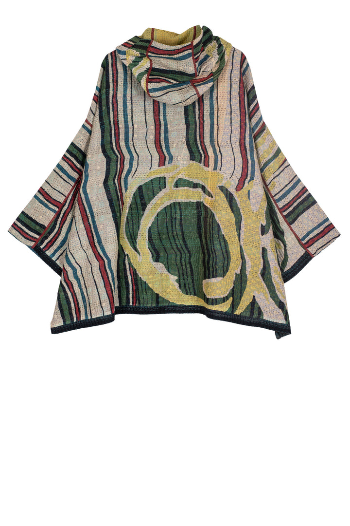 STRIPE AND BENDS KANTHA HOODIE PONCHO - sb4064-grn -