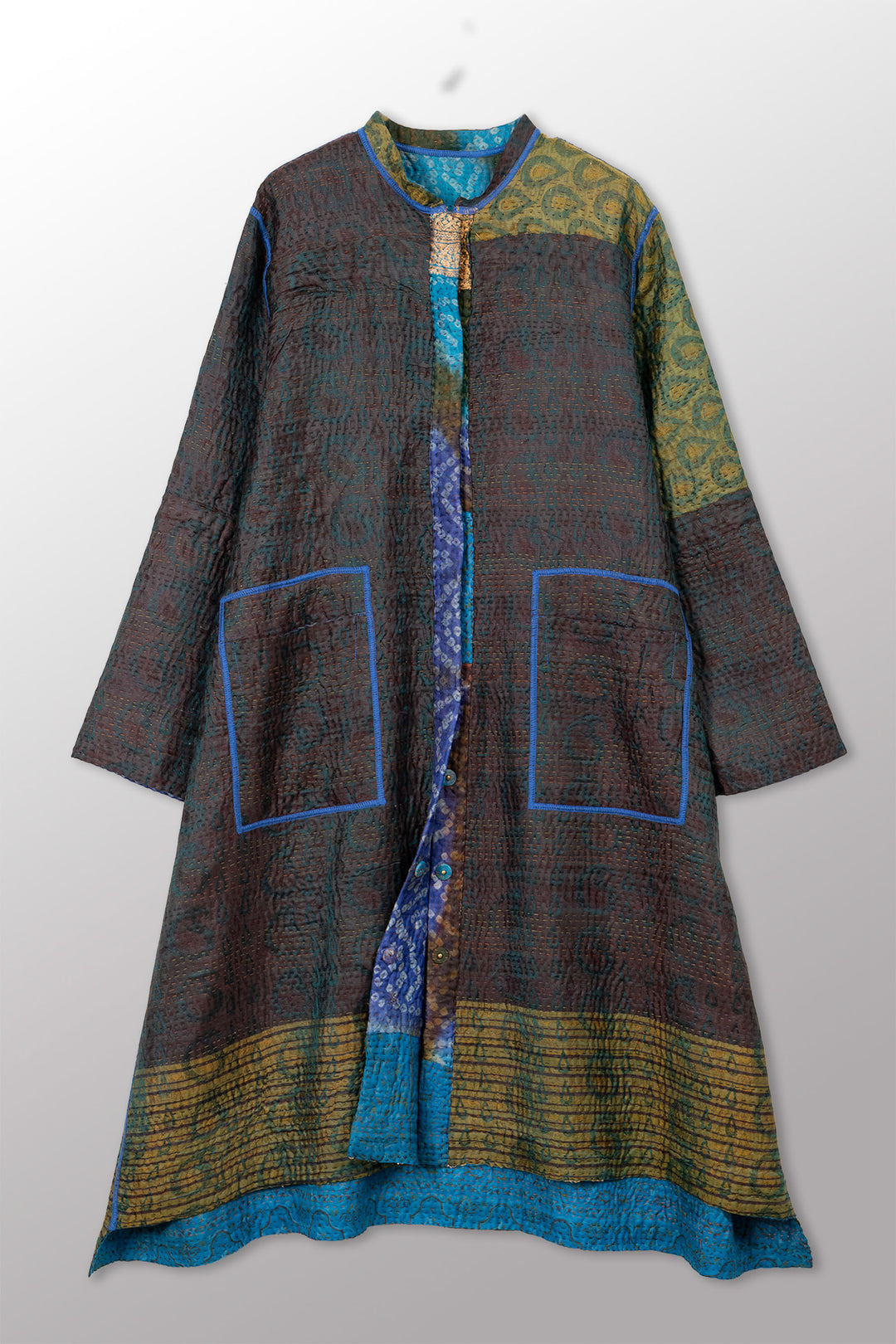 VINTAGE PRINTED SILK CLAMP DYE WITH JACQUARD KANTHA KAFTAN COAT - sk4343-0001m -