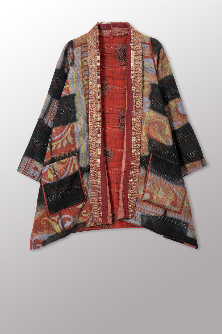 VINTAGE COTTON GREY CLAMP TIE DYE KANTHA A-LINE JACKET - su4003-0001a -