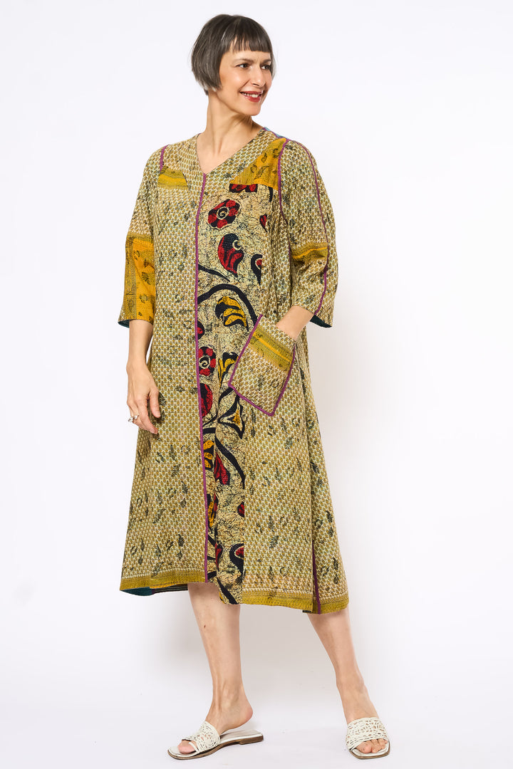 VINTAGE COTTON KANTHA V-NECK FLARE DRESS - cv2457-0003m -