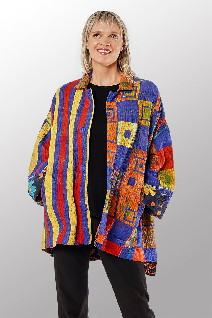 VINTAGE COTTON KANTHA OVERSIZED MINI COAT - cv4332-0035a -