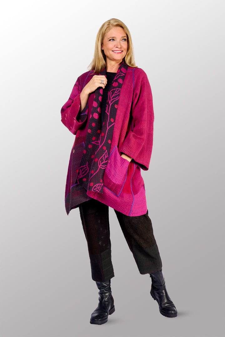 OVERDYED POLKA DOTS & LEAVES KANTHA A-LINE JACKET - dl4003-fus -