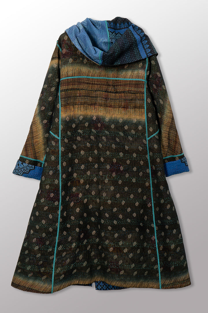 VINTAGE SILK GEORGETTE COTTON KANTHA HOODED A-LINE LONG COAT - gc4306-0001a -