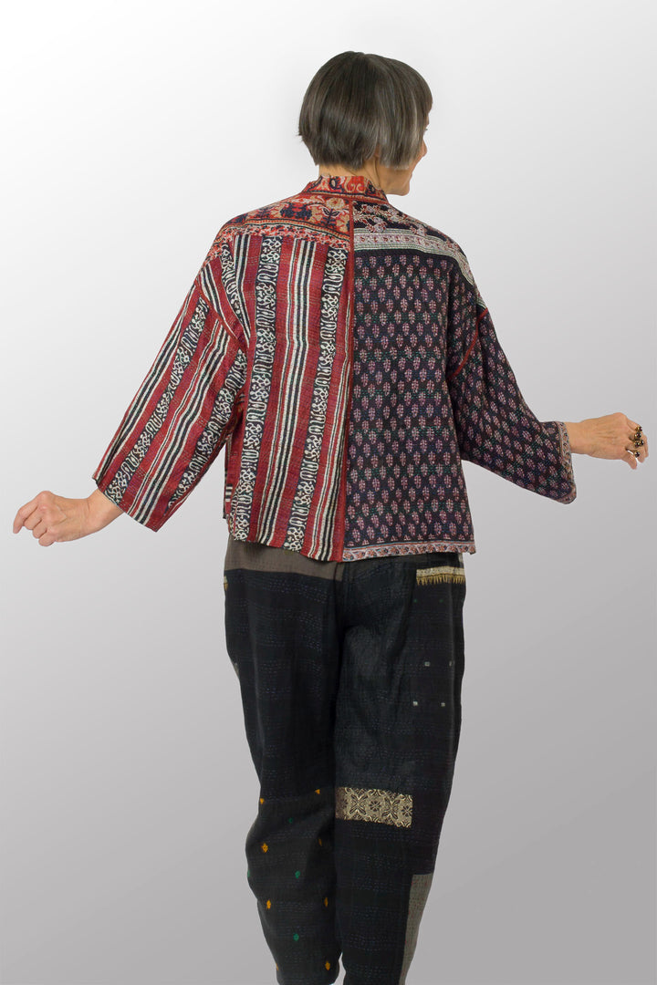 VINTAGE SILK KANTHA STAND COLLAR CROPPED JKT - sv2034-0013a -