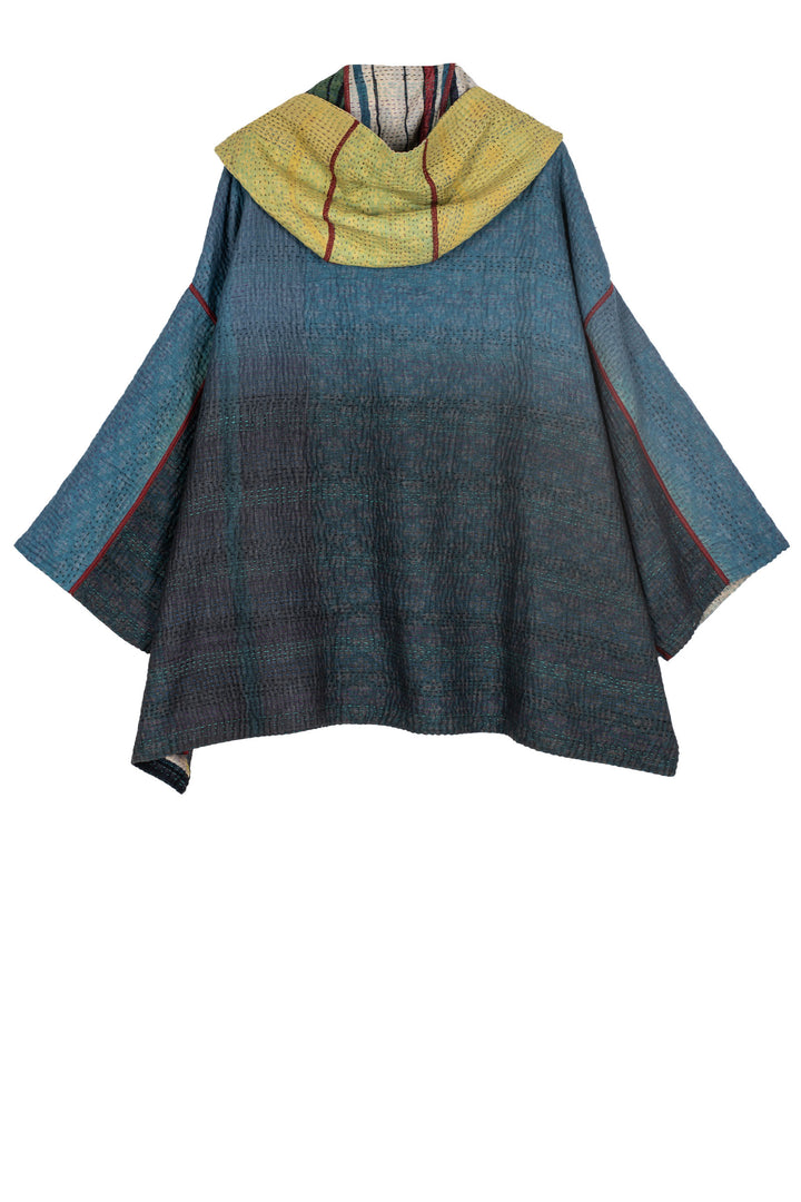 STRIPE AND BENDS KANTHA HOODIE PONCHO - sb4064-grn -