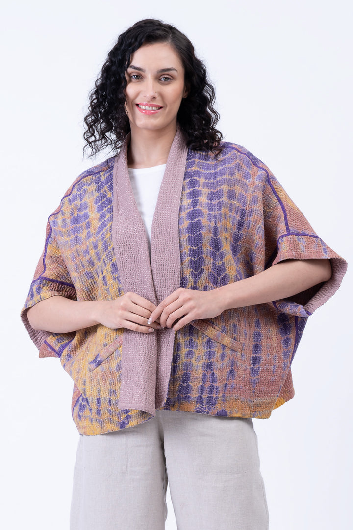 MONE SHIBORI TIE DYE KANTHA MINI PONCHO - ms5060-prp -