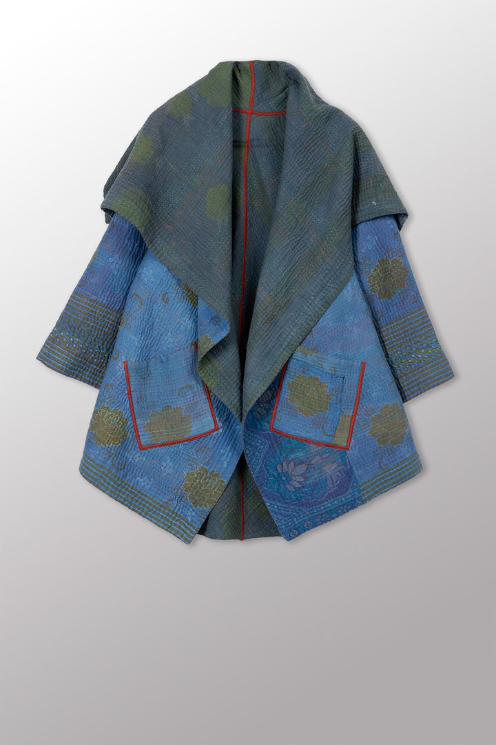 COTTON OVERDYE KANTHA CIRCULAR LONG JKT - ov4009-cblu001a -
