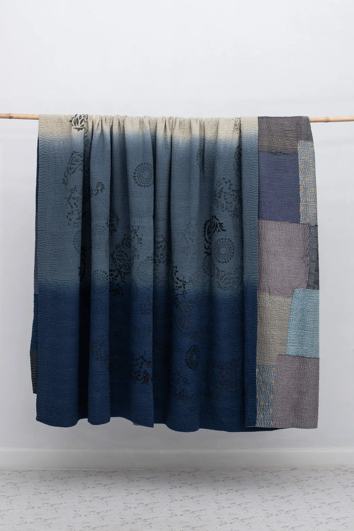 Ombre With Fray Patch Handmade Vintage Quilts -Navy