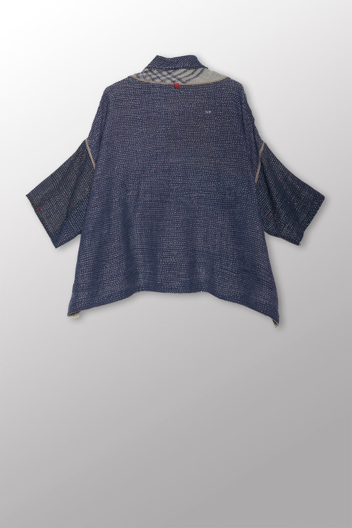 INDONESIAN PRINT VINTAGE INDIGO BACKING KANTHA COWL NECK PONCHO - bi2061-blu -