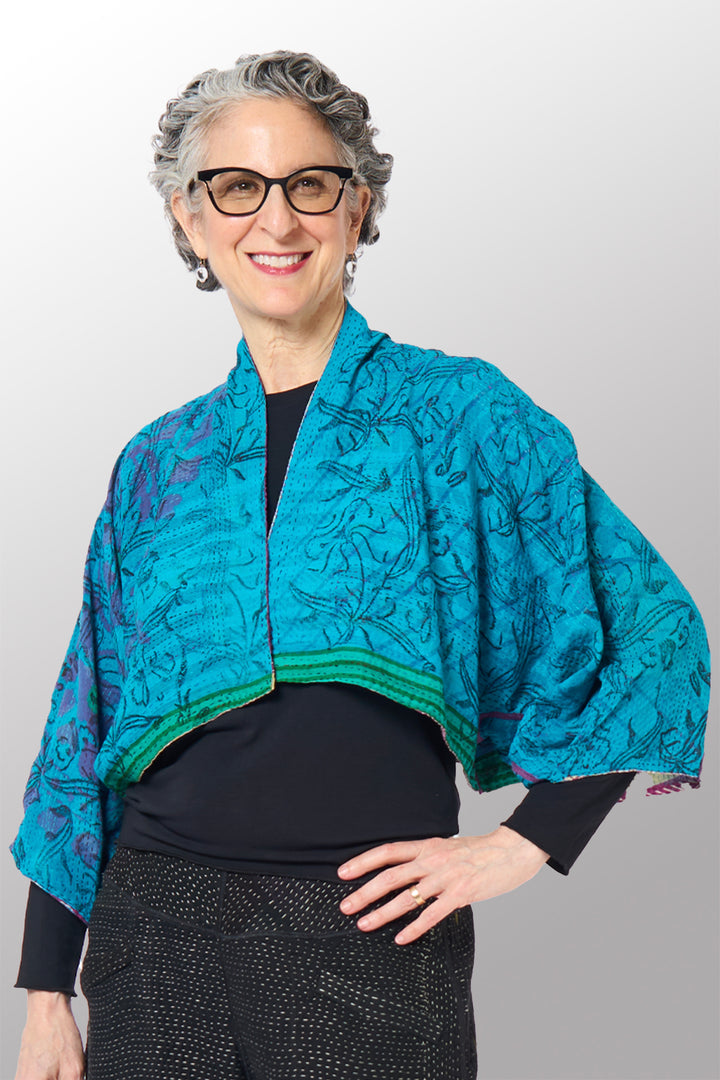 COTTON OVERDYE KANTHA PUFF SLV. SHRUG - ov2062-cblu002a -