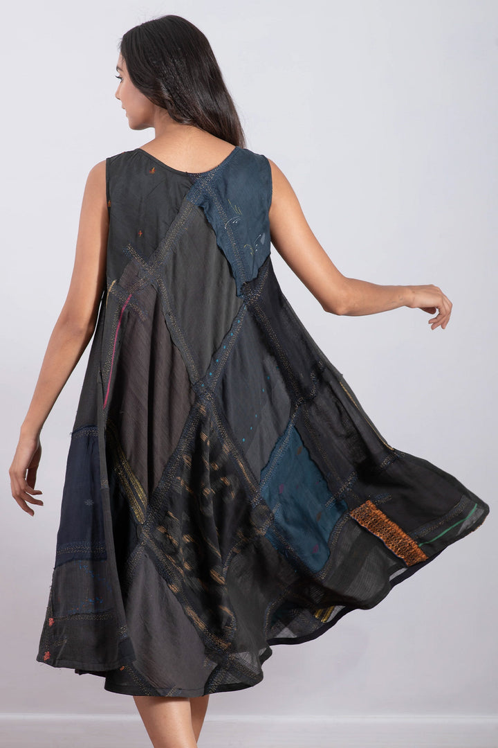 MOSAIC TILE PATCH KANTHA FULL CIRCULAR DRESS CITY - mt1421-blk -