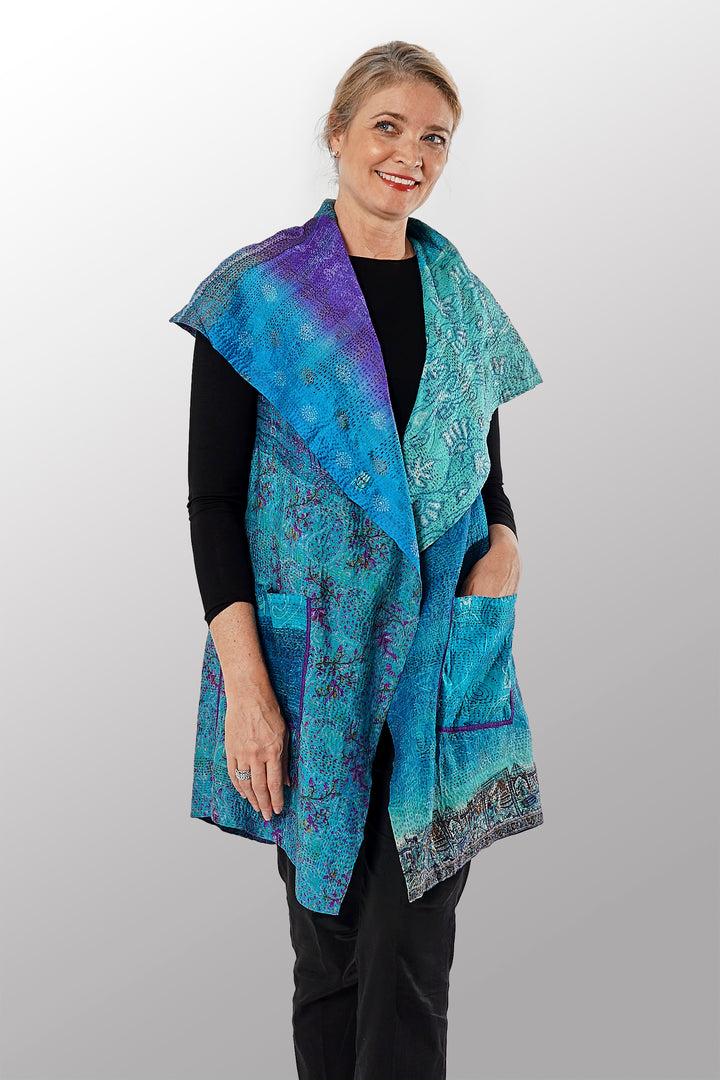 VINTAGE SILK KANTHA CIRCULAR VEST - sv2201-0098a -