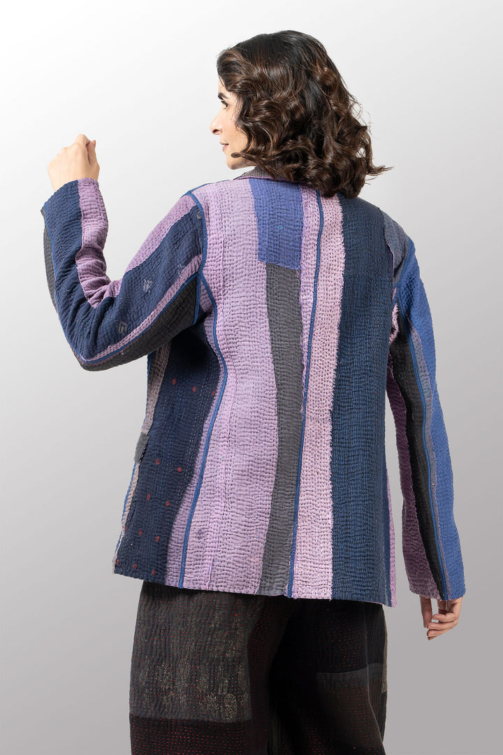 COTTON STRIPE PATCH KANTHA BASIC JACKET - cs4052-prp -