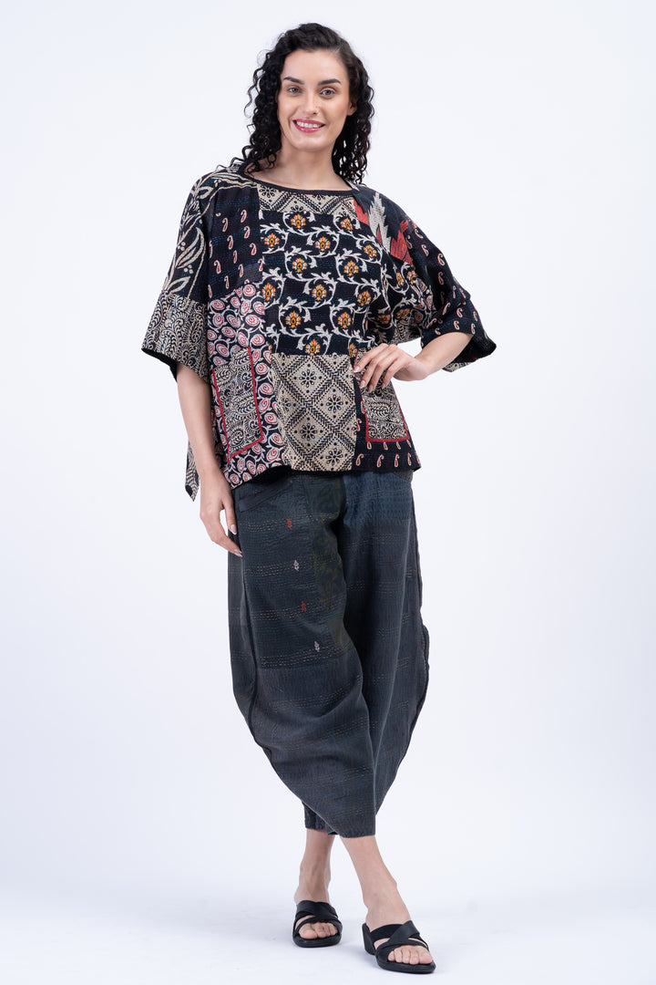 PATCH & CIRCLE PRINT KANTHA BOAT NECK DOLMAN TOP - pc2t100-blk -