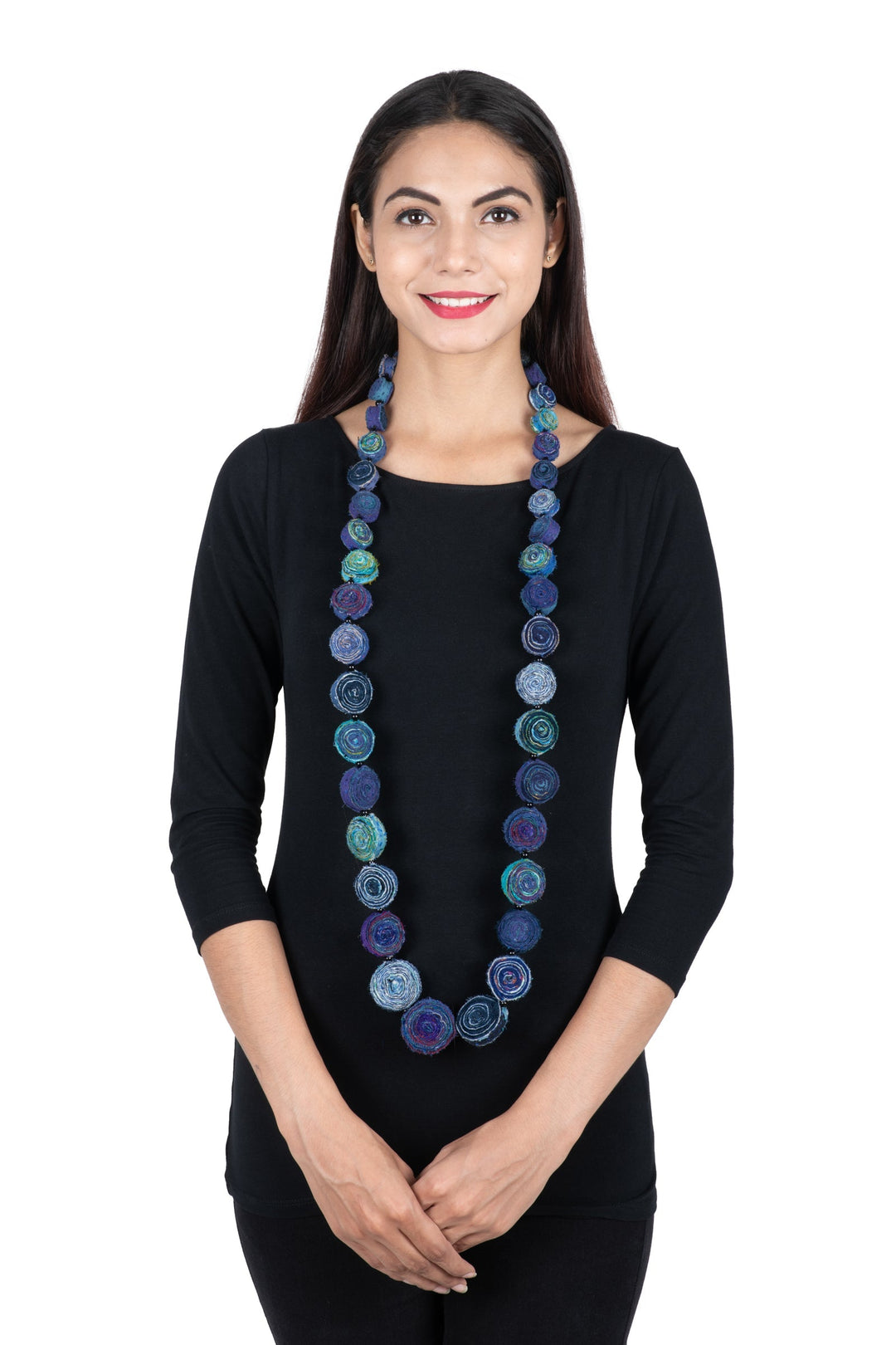 VINTAGE COTTON KANTHA SIMPLE EDDY LONG NECKLACE - cv2714-blu -