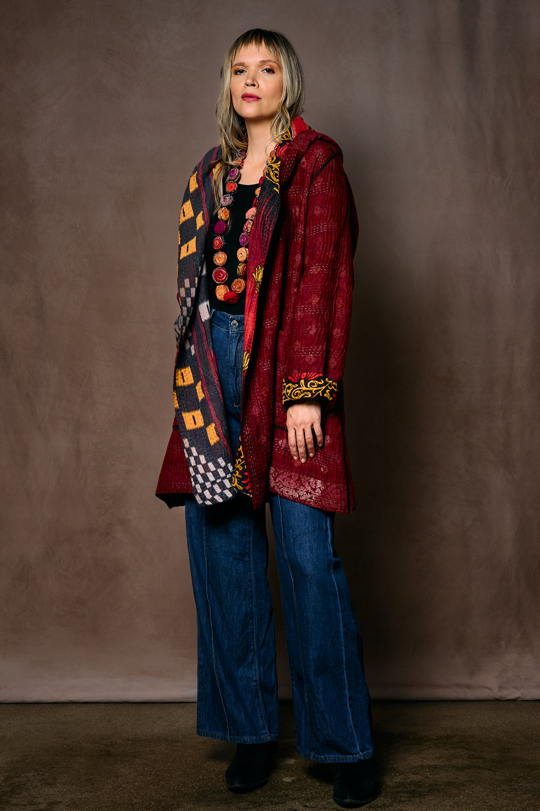 VINTAGE COTTON KANTHA HOODED POCKET COAT - cv4303-0002a -