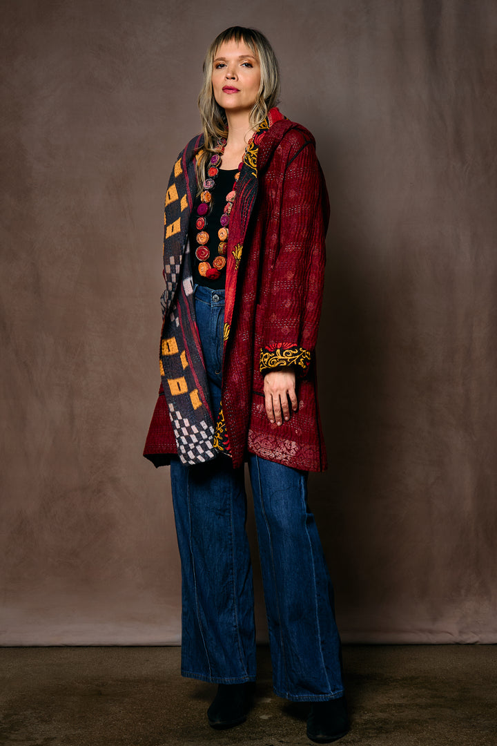 VINTAGE COTTON KANTHA HOODED POCKET COAT - cv4303-0002a -