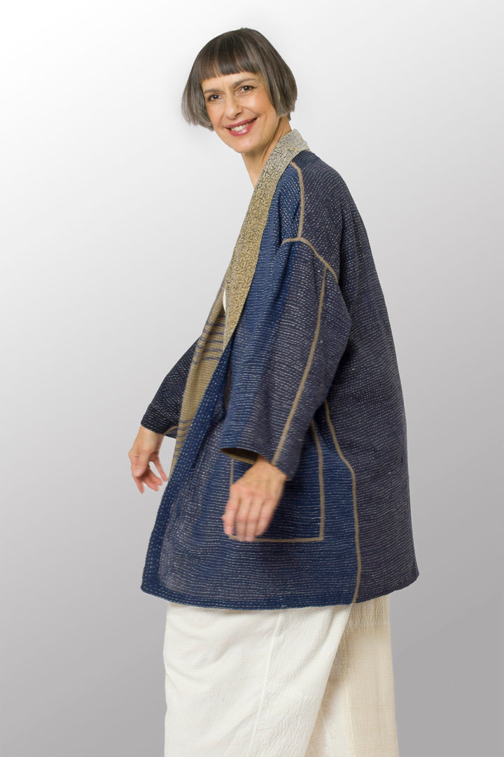 INDONESIAN PRINT VINTAGE INDIGO BACKING KANTHA HAORI JACKET - bi2068-blu -