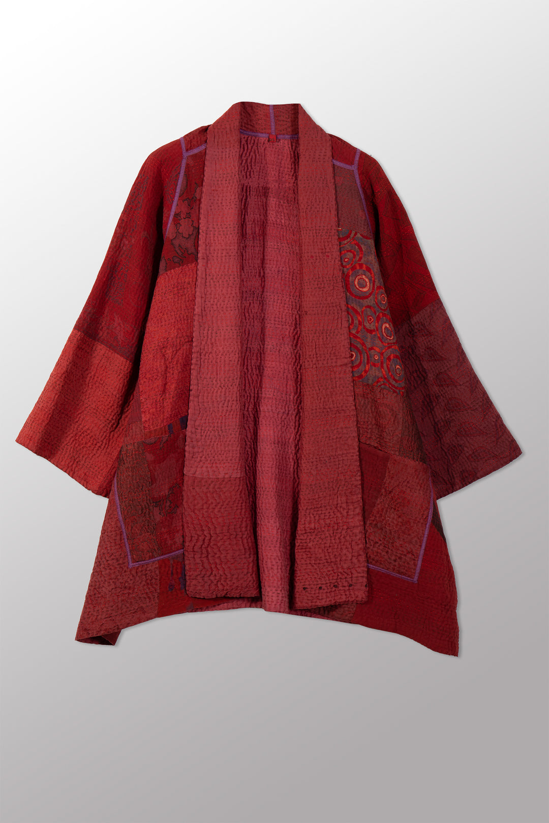 GEORGETTE JACQUARD VINTAGE SILK PATCH KANTHA A-LINE JACKET - gj4003-red -