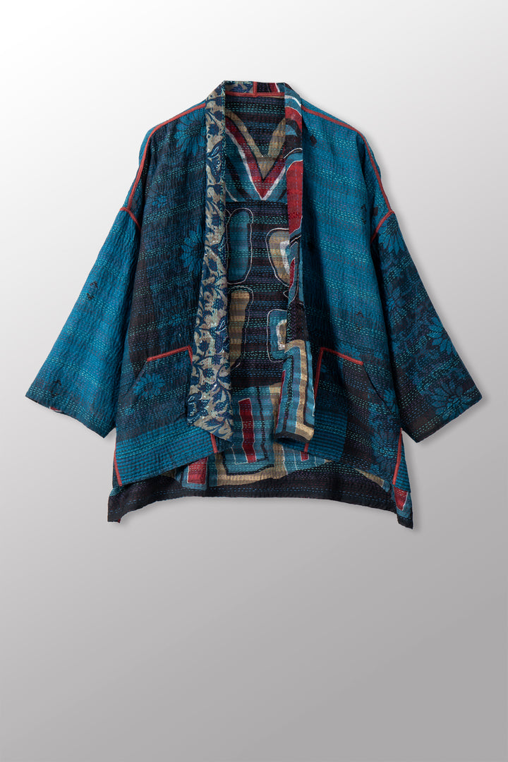 VINTAGE SILK GEORGETTE COTTON KANTHA MINI KIMONO JACKET - gc2055-0002a -