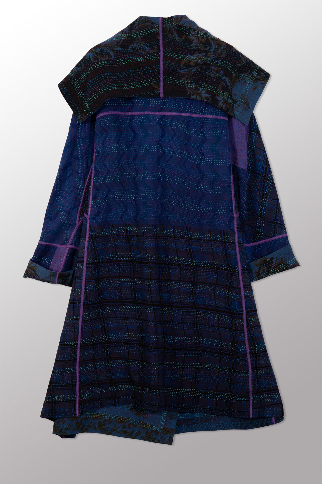 VINTAGE SILK GEORGETTE COTTON KANTHA A-LINE COAT - gc2309-0002a -
