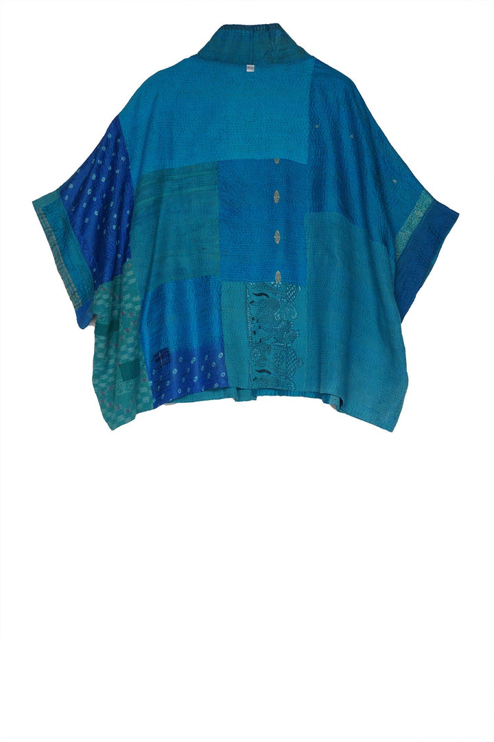 COTTON SILK SW PATCH KANTHA MINI PONCHO - ws2060-tuq -