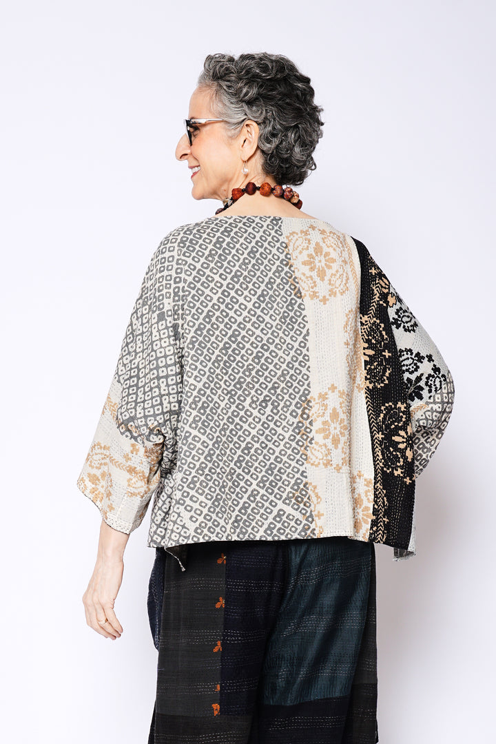 KIMONO COTTON KANTHA 3/4 SLV. CROP TOP MIO - kc2538-gry -