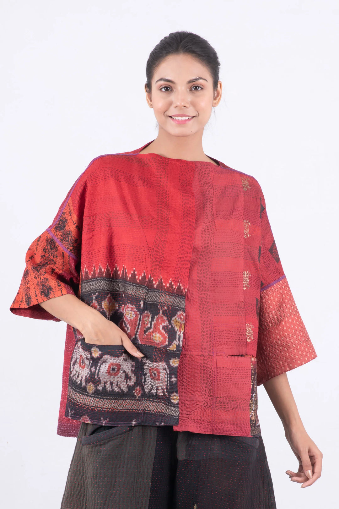 VINTAGE SILK PATCH KANTHA STRAIGHT NECK JACKET - vp2058-red -