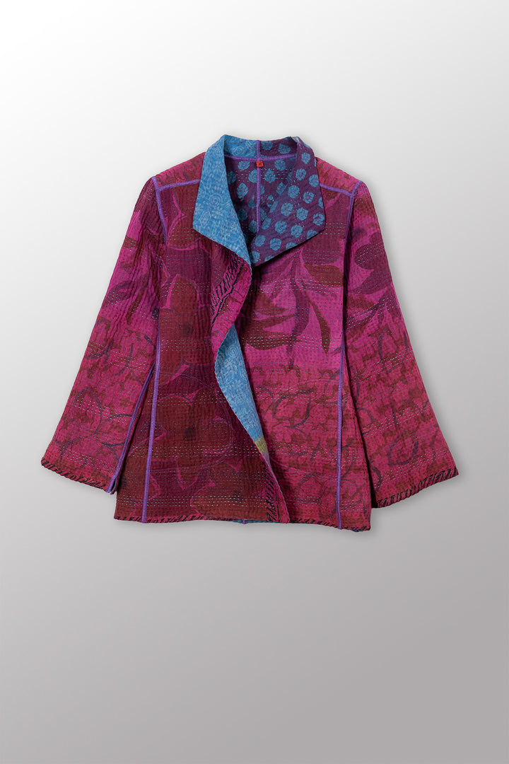 VINTAGE SILK GEORGETTE COTTON KANTHA SHORT JACKET - gc4007-0003m -