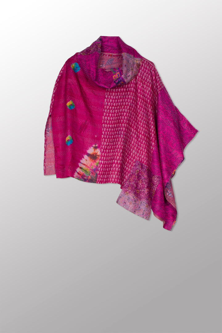 VINTAGE SILK KANTHA COWL NECK LONG CAPE - sv2842-mlt -