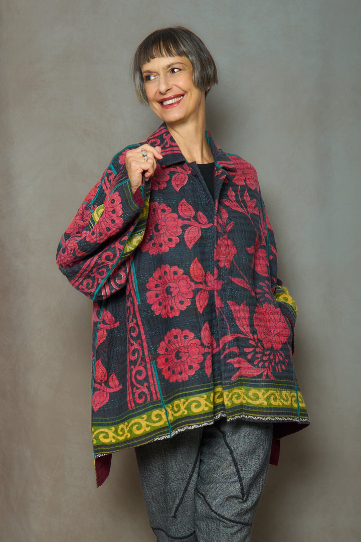 VINTAGE COTTON KANTHA OVERSIZED MINI COAT - cv4332-0042a -