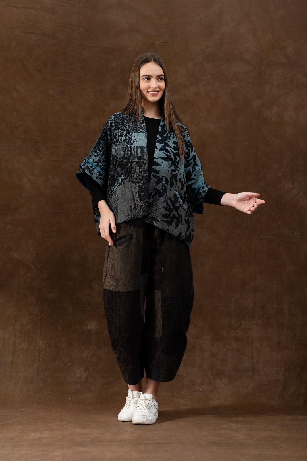 MONOTONE TWILIGHT PRINT KANTHA MINI PONCHO - tp4060-blu -