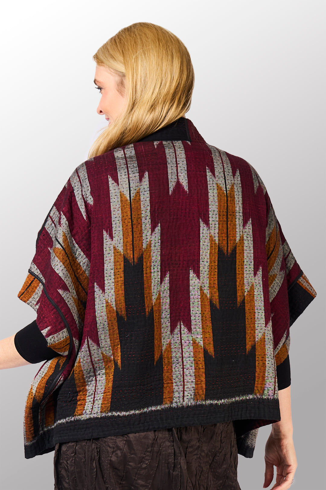 WOVEN HANDLOOM IKAT WITH OMBRE KANTHA MINI PONCHO - wh4060-red -