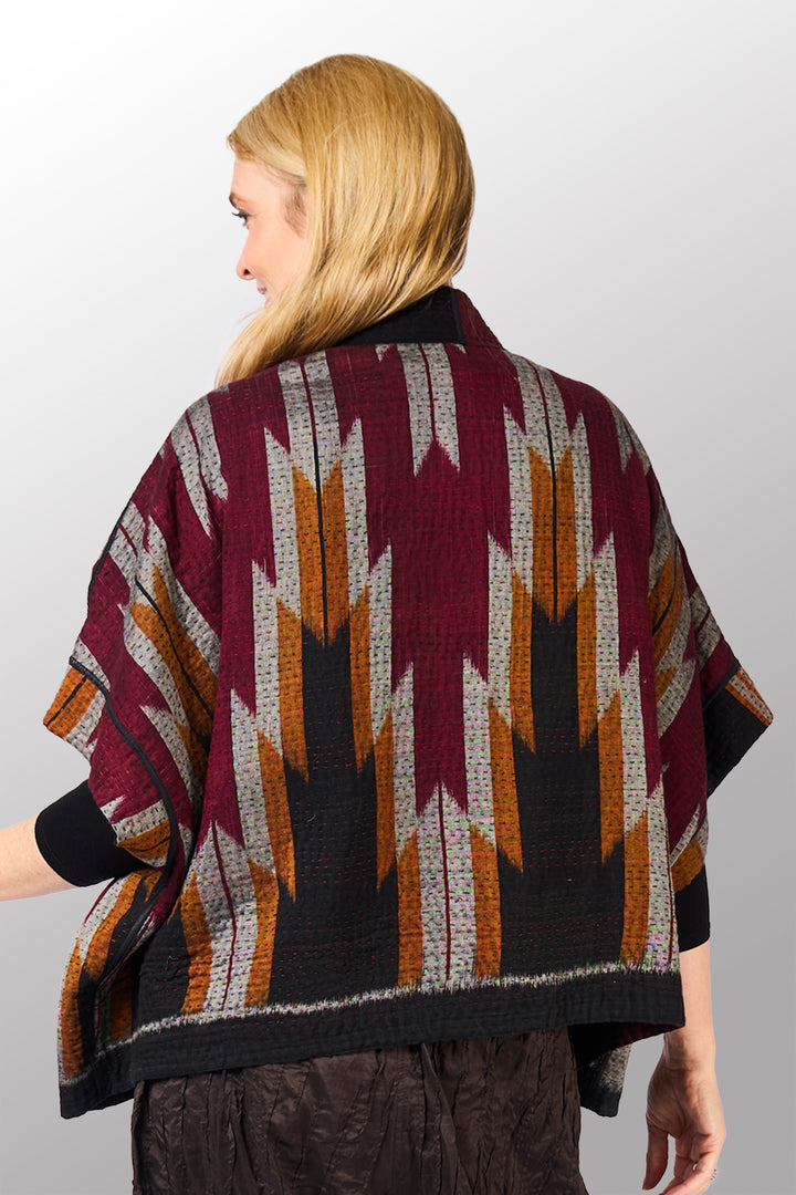WOVEN HANDLOOM IKAT WITH OMBRE KANTHA MINI PONCHO - wh4060-red -