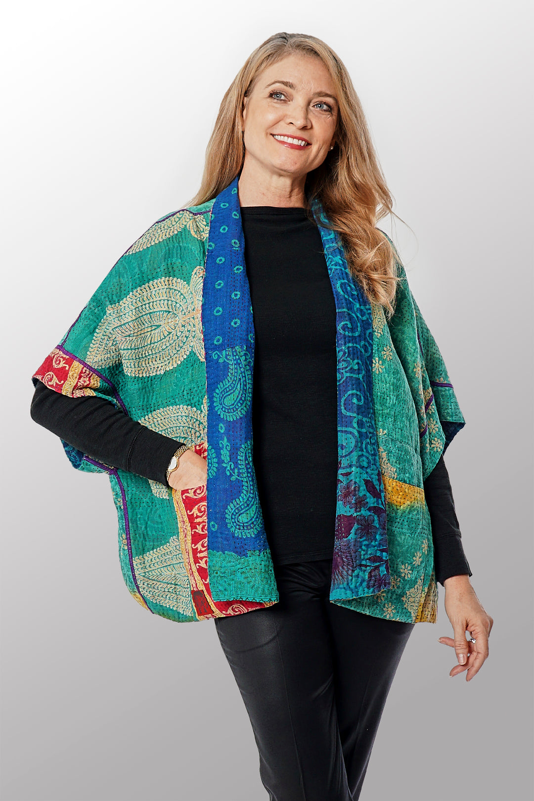 COTTON OVER DYE KANTHA MINI PONCHO - ov4060-ctel002a -