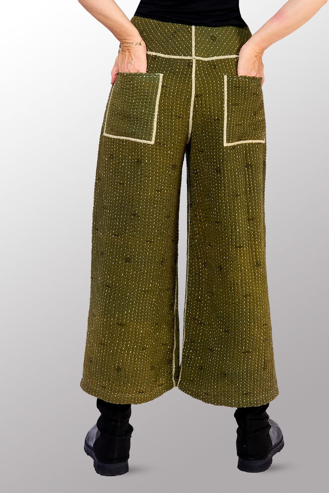 BBK SOLID KANTHA MID RISE WIDE LEG PANTS - bl-bbs6665-grn -