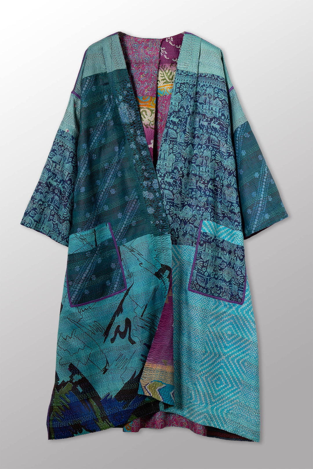 VINTAGE SILK KANTHA LONG DUSTER - sv2328-0016a -