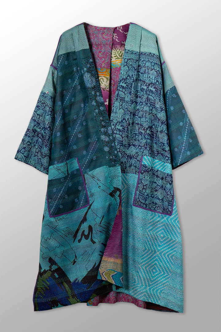 VINTAGE SILK KANTHA LONG DUSTER - sv2328-0016a -