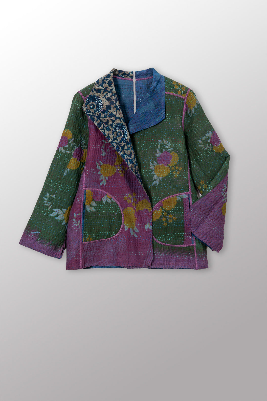VINTAGE SILK GEORGETTE COTTON KANTHA SHORT JACKET - gc4007-0005m -