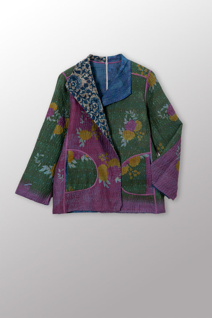VINTAGE SILK GEORGETTE COTTON KANTHA SHORT JACKET - gc4007-0005m -