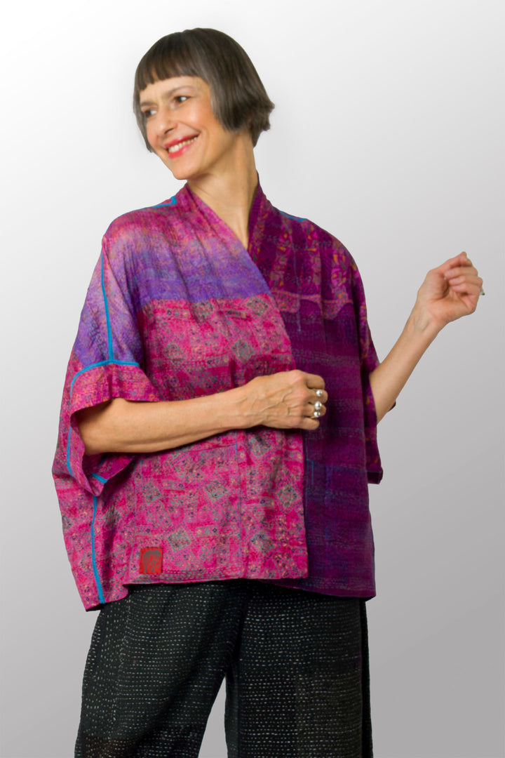 VINTAGE SILK KANTHA MINI PONCHO - sv2060-0008a -