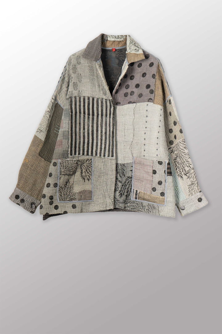 FRAYED PATCH KANTHA WITH STAMP RELAXED SHIRT JACKET - sp-fi4j105-gry -