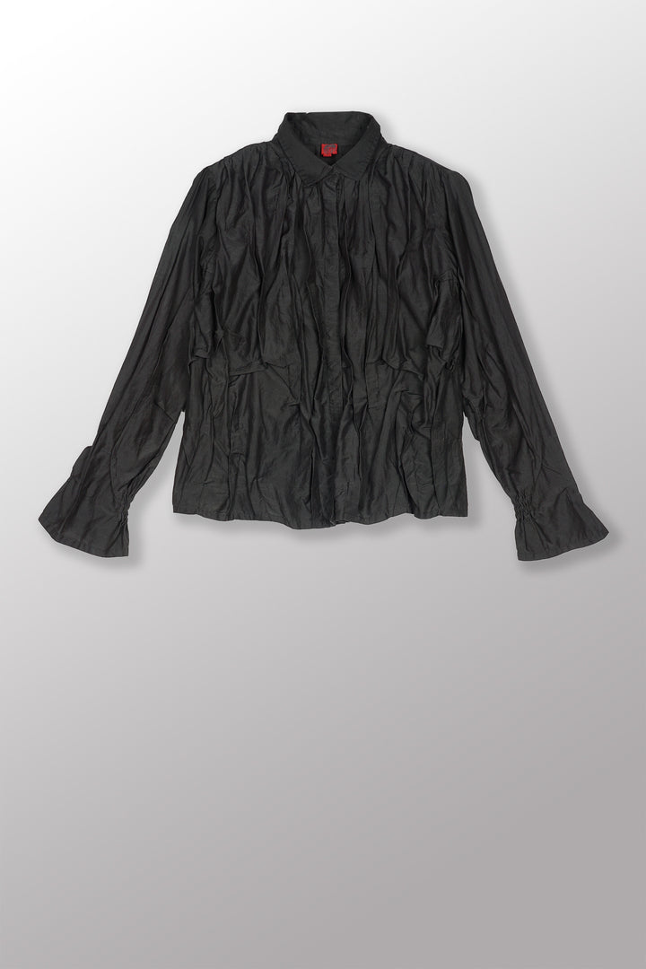 DYED COTTON SILK VOILE WAVY TUCK CROPPED SHIRT - dc1579-gry -