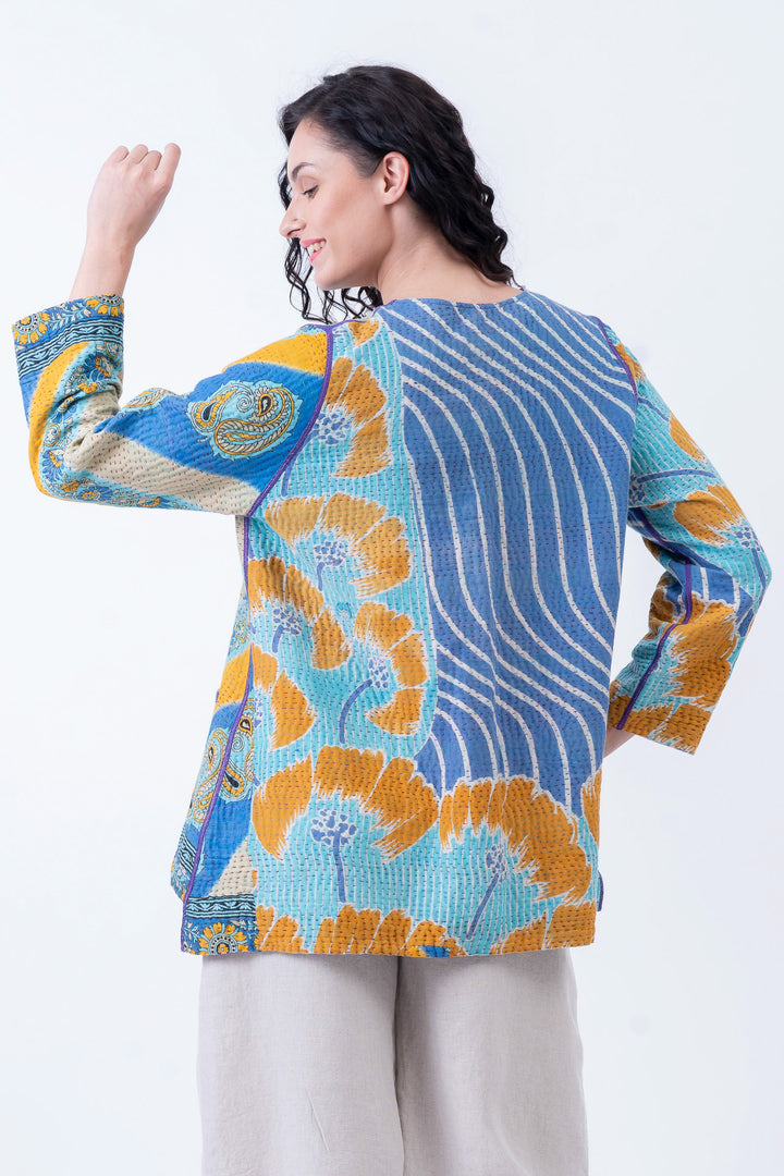 VINTAGE COTTON KANTHA CREW NECK POCKET JACKET - cv4025-0016a -