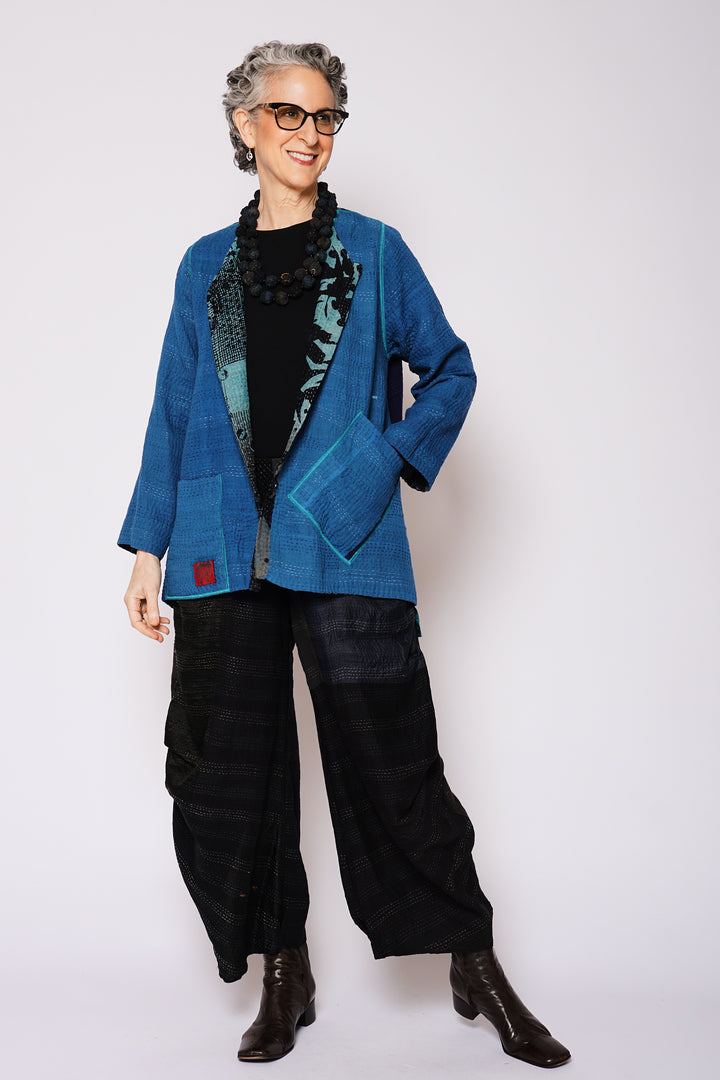 MONOTONE TWILIGHT PRINT KANTHA CREW NECK POCKET JKT - tp4025-blu -