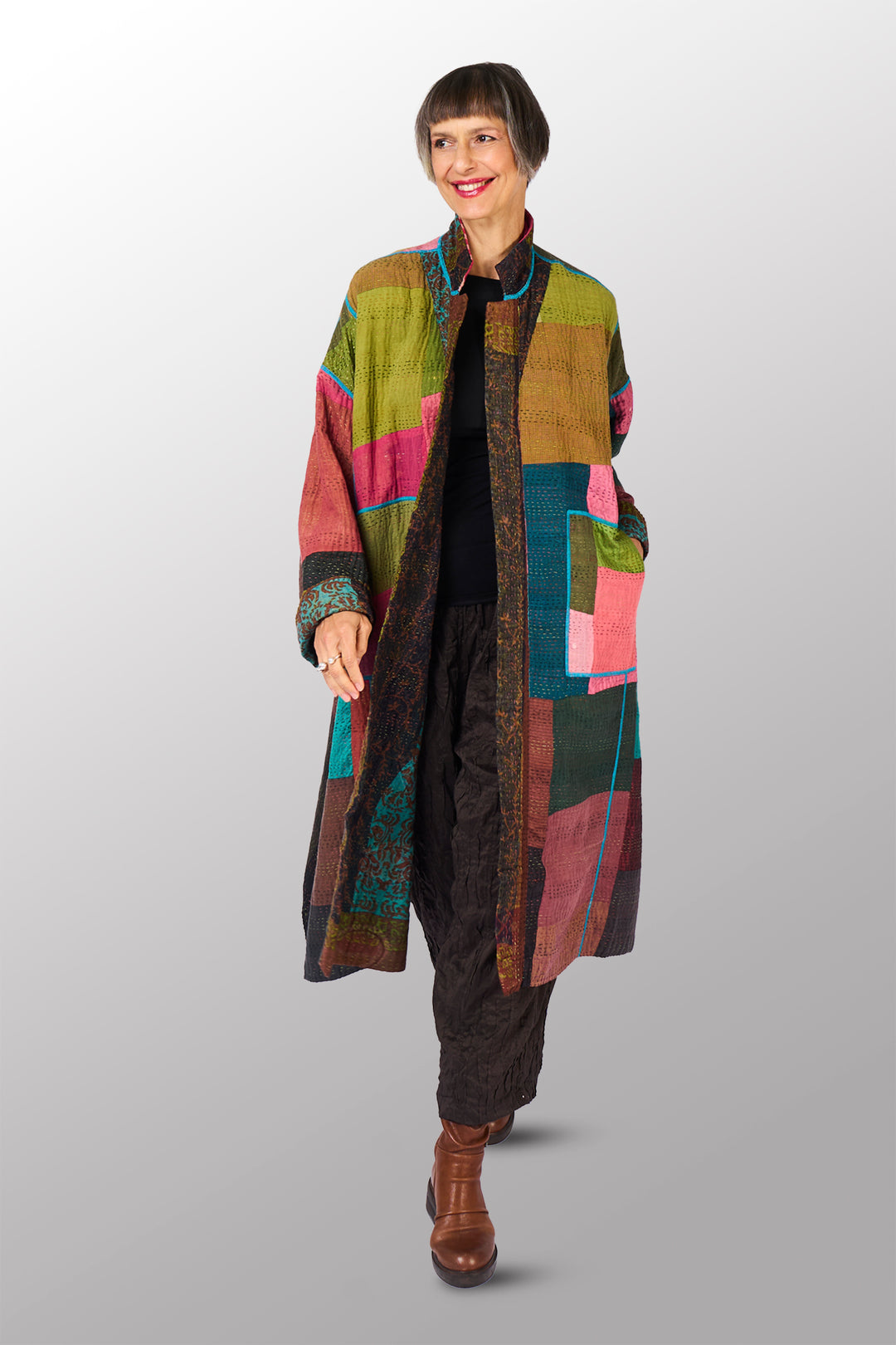 BAGH PRINT KANTHA NEW OVERSIZED COAT - bg4342-brn -