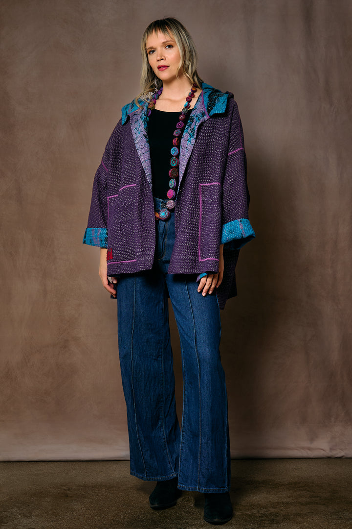 MONE SHIBORI TIE DYE KANTHA HOODIE PONCHO - ms5064-tuq -