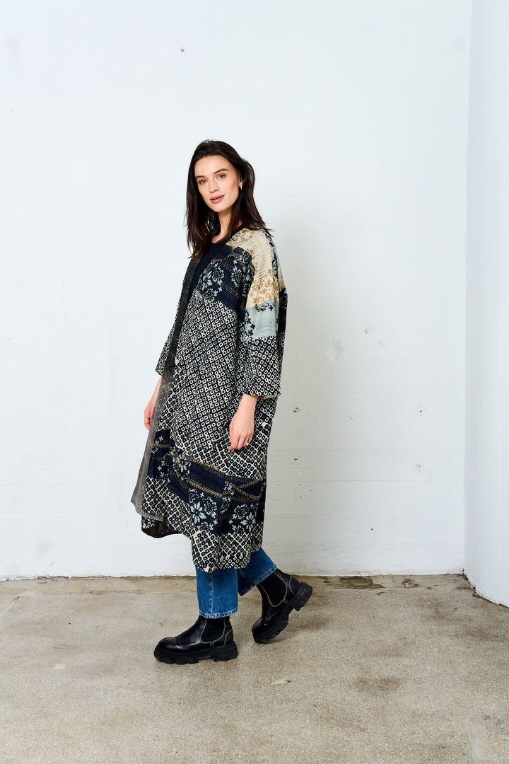 KIMONO COTTON KANTHA LONG DUSTER - kc2328-blk -